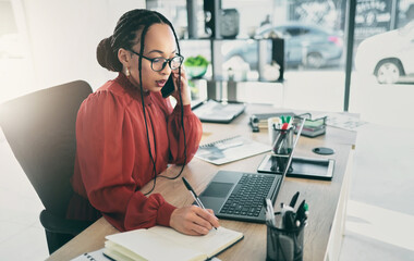 Phone call, writing and business woman in office for planning, schedule or research. Calendar, networking and administration with female employee in agency for communication, technology or connection