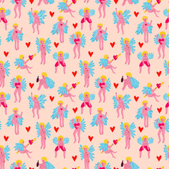 Valentine funny angels seamless pattern. illustration in doodle style