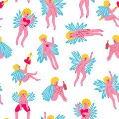 Valentine funny angels seamless pattern. illustration in doodle style