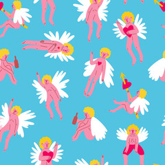 Fototapeta premium Valentine funny angels seamless pattern. illustration in doodle style
