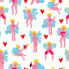 Valentine funny angels seamless pattern. illustration in doodle style