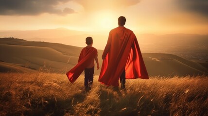 Dad and son in hero superhero costume standing on mountain at sunset, Rear view.