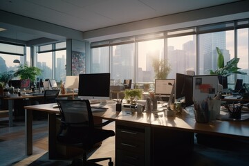Working office space morning. Generate Ai