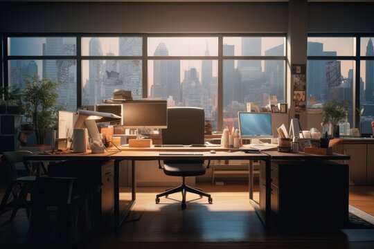 Working office space sunrise. Generate Ai