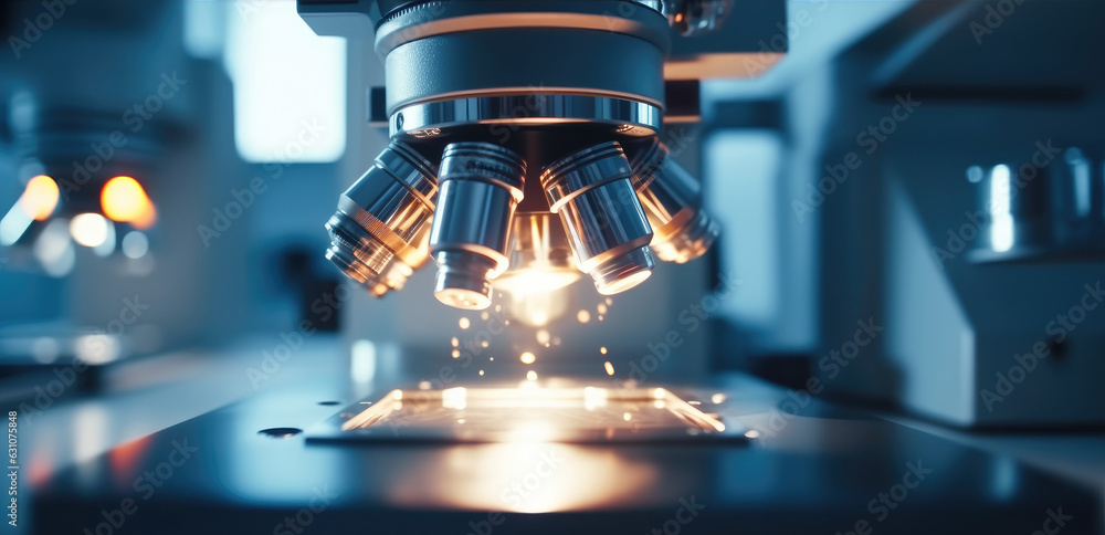 Aufkleber closeup microscope data analysis in the laboratory, medicine equipment research setting in lab for c