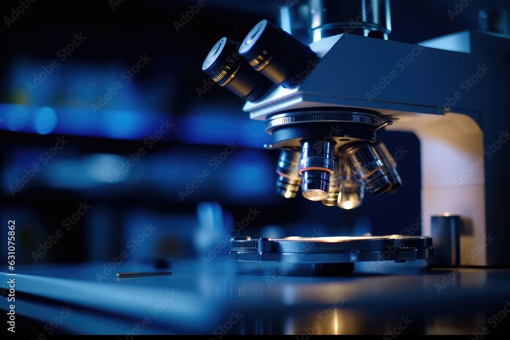 Poster microscope, microscope lens in a science laboratory.