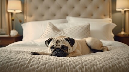 puppy sleep on white mattress hotel room 