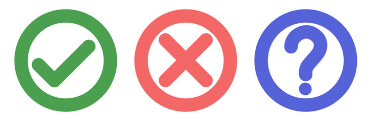 Obraz premium A set of flat checks and crosses and a question mark in a circle. Vector graphics. ESP 10.