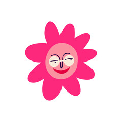Pink funny funny flower with a cute face and glasses, Illustration in modern trendy style