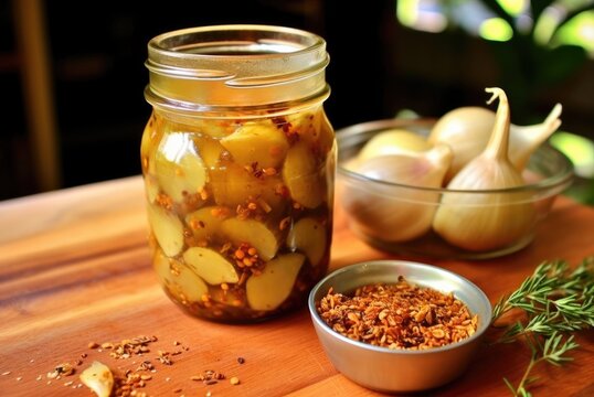 Garlic Pickle | Garlic Achaar | herbs and spices in glass jars