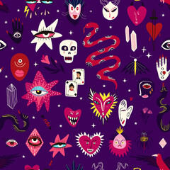 Naklejka premium Vibrant Halloween pattern with magical mystical esoteric magical Gothic symbols