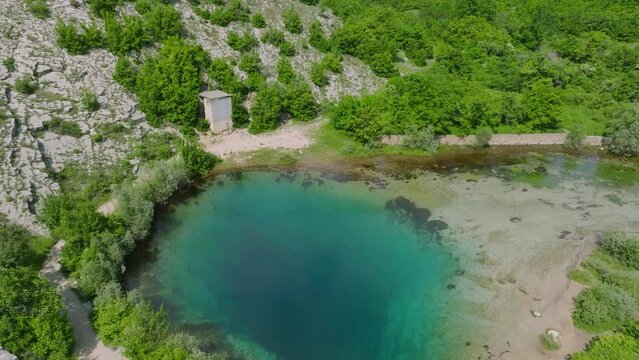 Calm Blue Waters Of Cetina River Spring In Croatia. - aerial