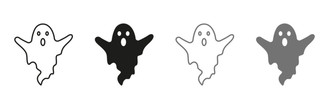 Spooky Monster for Halloween Line and Silhouette Icon Set. Ghost Pictogram Black and Color Symbol Collection. Cute Funny Dark Halloween Ghost Under Sheet. Isolated Vector Illustration