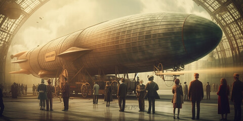 Capturing Memories: A Group of People Poses in Front of a Zeppelin at an Airfield in the 1920s - AI generated