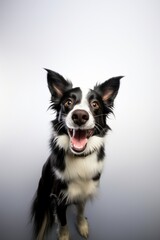 Exuberant Border Collie on White Backdrop.
An excited Border Collie with a lively gaze against a white background.
