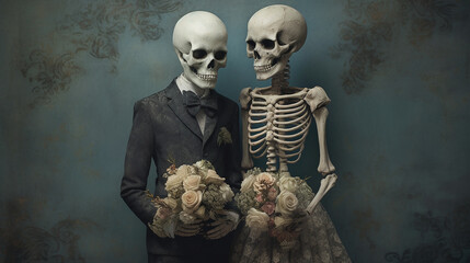 Skeletal couple holding floral in dead, vintage, scenery. Created using ai generative. 