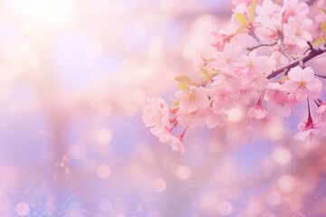 Flowers of the sakura tree, also known as cherry blossoms, with blurry purple bokeh lights in the background