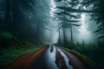 the majestic view of road in the foggy forest ai generated