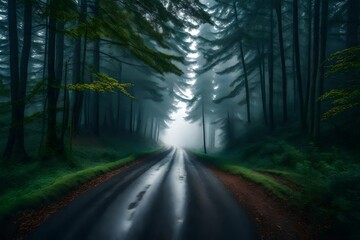 Naklejka premium the majestic view of road in the foggy forest ai generated