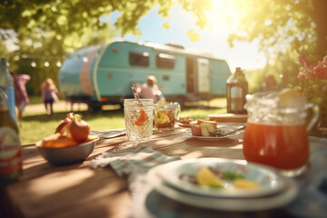 Happy Friends Enjoying a Summer Picnic at a Cozy Campsite with a Lovely Caravan - AI generated - obrazy, fototapety, plakaty