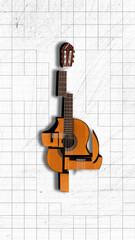 Creative design with guitar in puzzled style against white background. Creating music. Contemporary art collage. Concept of music, festival, creativity, minimalist, surrealism. Poster, ad