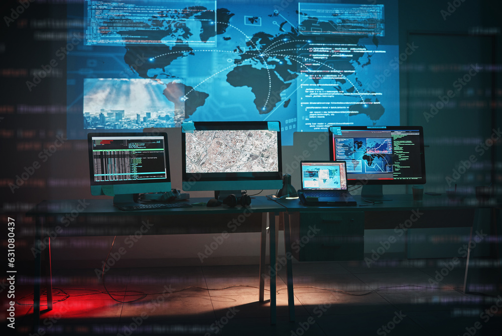 Leinwandbilder Cybersecurity, isolated and global presentation with map graphic for phishing and hacker data. Cyber crime, location and technology for firewall hacking and ransomware coding for system algorithm