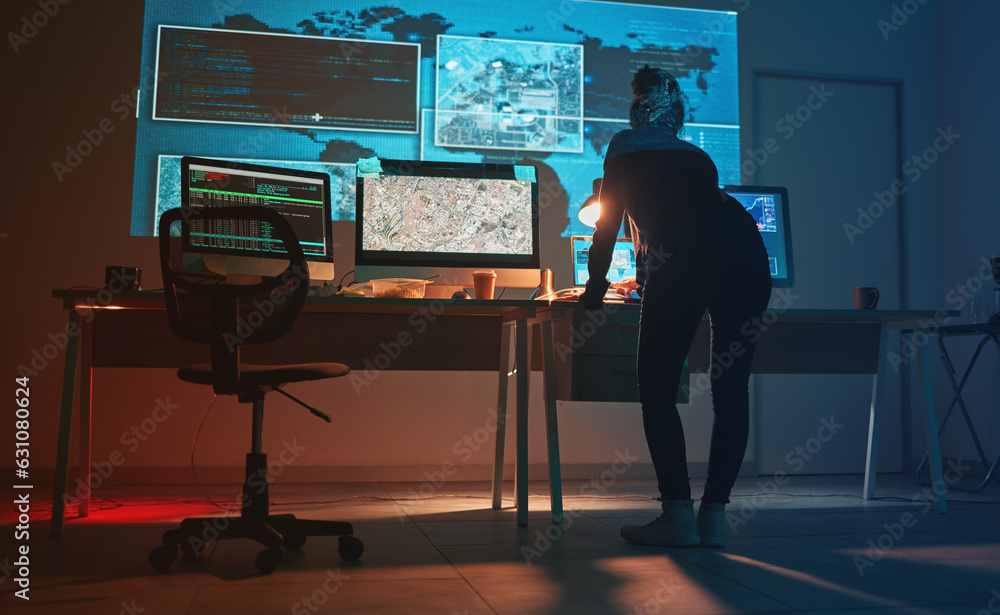 Poster Cybersecurity, woman and global network code for phishing, ransomware and cyber terrorism search. Maps, digital database and IT software in dark room for virtual malware hacking fix of employee back