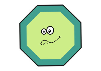 A playful octagonal shape with a cartoonish face. The shape is filled with a light green color and outlined in a darker shade of green. The face features large, expressive eyes and mouth.