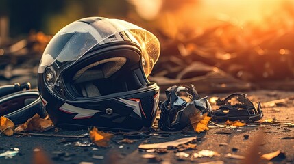 safety helmet of Motorbike crash on the road 