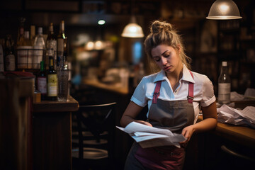 Tired waitress reading notes about orders and tips at the end of working day