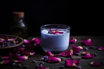 Rose petals are used to decorate and serve pink rose milk in a double-walled glass. Moon milk is a nutritious brew. reposition the copy. Generative AI