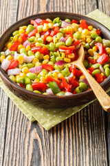 Vegetable salad with edamame beans, bell peppers, corn, tomatoes and onions close-up in a bowl on the table. Vertical