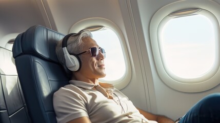 happy mature senior man in airplane travel, Generative AI