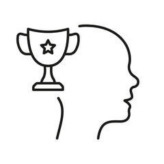 Human Head and Trophy Cup Person Improvement Line Icon. Motivation in Sport Linear Pictogram. Motivating Symbol. Incentive to Development Outline Sign. Editable Stroke. Isolated Vector Illustration