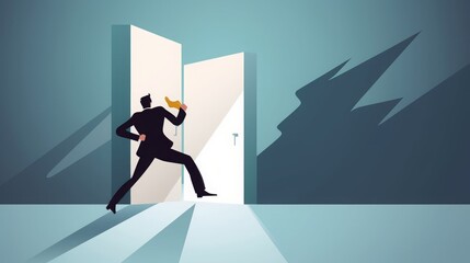 Entering a secret door. Businessman opens a hidden door. The concept of starting and courage. Business vector illustration, Generative AI