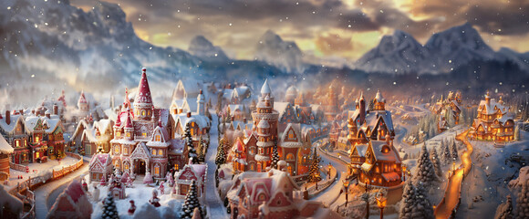 Christmas gingerbread town, castle, house, streets, winter landscape, alps, mountains, snow, snowfall, high definition panorama, banner, generative ai