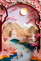 Illustration of Japanese Gate with 3d nature paper. mountain. AI generated
