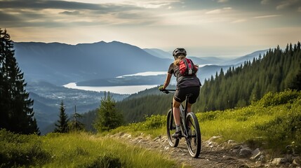 Fototapeta na wymiar Mountain biking woman riding on bike in summer mountains forest landscape, AI generative