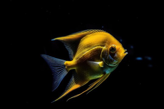 Pterophyllum scalare, a yellow angelfish, swimming in aquarium water. Generative AI