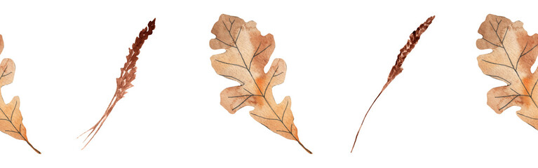 Border yellow leaves trees and mushrooms, foliage of natural branches, yellow leaves, herbs, mushrooms hand drawn watercolor on white background.