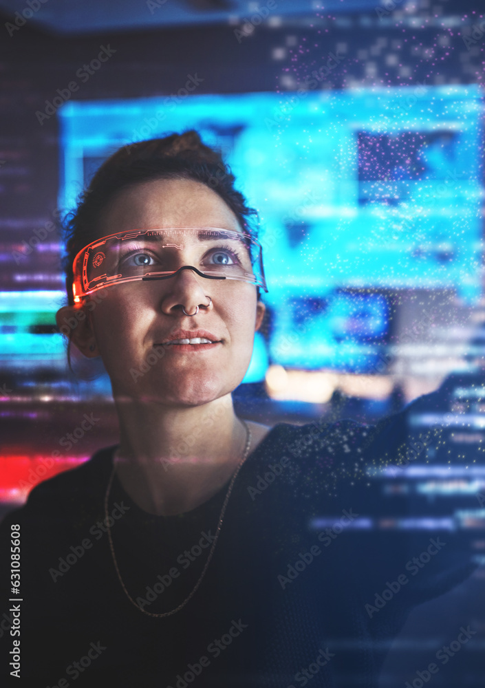 Poster Woman hacker, glasses and cybersecurity, hologram info and vr malware, futuristic technology and login privacy. Data protection overlay, iot dashboard and tech programmer with virtual reality goggles