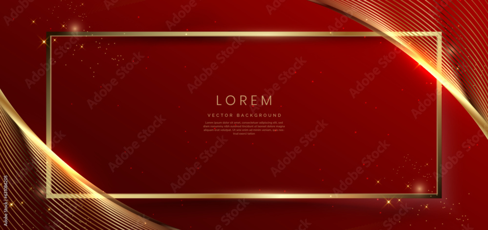 Poster abstract gold frame with curved lines on red background with lighting effect and sparkle with copy s
