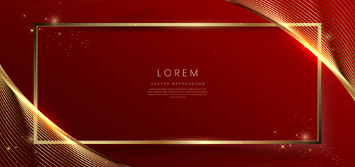 Abstract gold frame with curved lines on red background with lighting effect and sparkle with copy space for text.