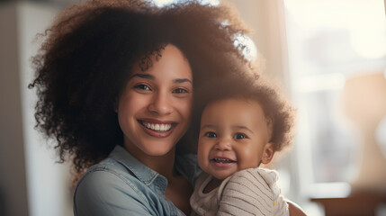 Pretty smiling black woman with strenght hairs holds her  smiling baby in her arms at home in the room. - obrazy, fototapety, plakaty