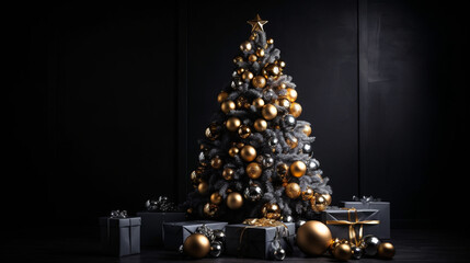 Weihnachtstanne mit goldenen Baumschmuck und Kugeln