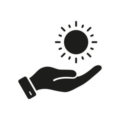 Morning Sunlight in Human Hand Silhouette Icon. Solar Ecological Energy Glyph Pictogram. Hand Holds Sun, Ecology and Nature Symbol. Environment Care Solid Sign. Isolated Vector Illustration