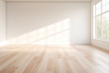 Empty room with white wall and hardwood floor with natural light from a window, ai generative

