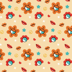 Stay groovy. Seamless pattern of bright trippy hippie elements: peace sign, daisies, etc. Nostalgia for the 60s, 70s