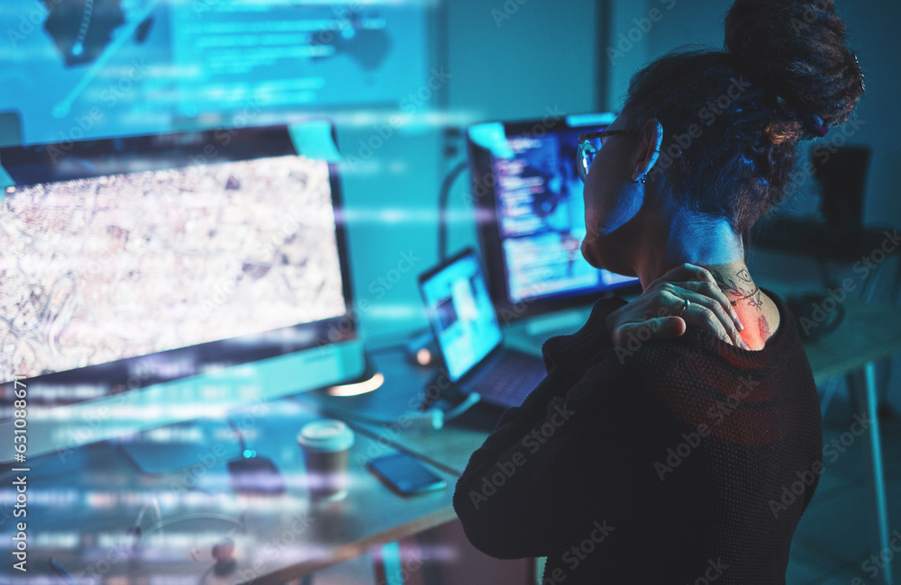 Poster Woman, back pain and computer engineering, software development or cybersecurity at night stress and pain. Fatigue, spine problem and tired IT person on monitor in coding or data overlay and graphic