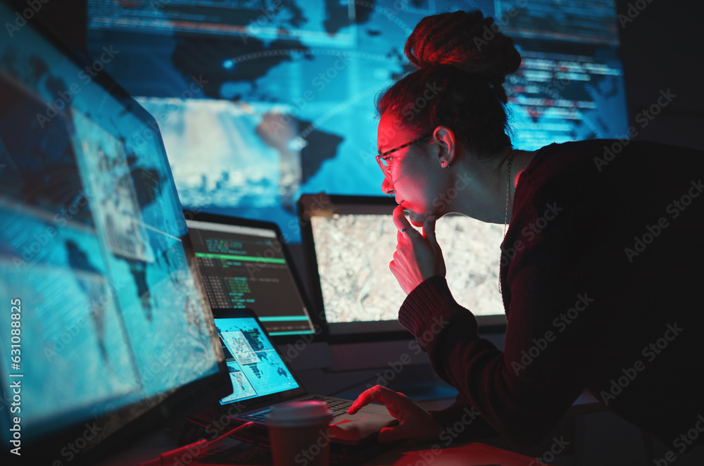 Poster Cybersecurity, woman and computer with global network for phishing, ransomware and cyber search. Maps, digital database and IT worker in dark room for virtual malware hacking fix of a employee back